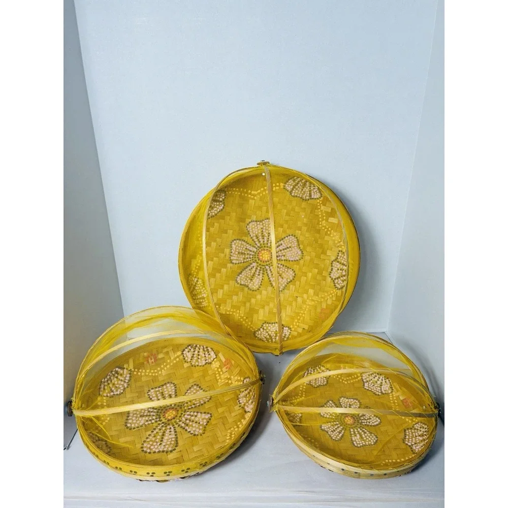 Bamboo Wicker Picnic Food Baskets X3 With Yellow Bug Netting Vintage 3‎ Sizes